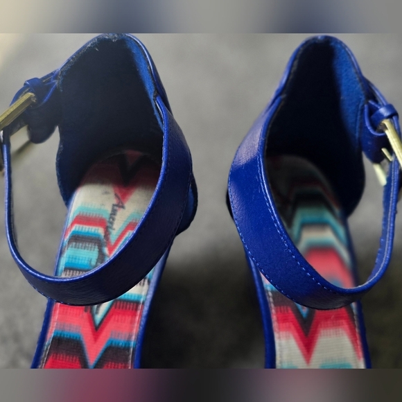 American Eagle Blue Wedge Pump Heel Ankle Strap Peep Toe Woman's Size 7.5 - Picture 4 of 15